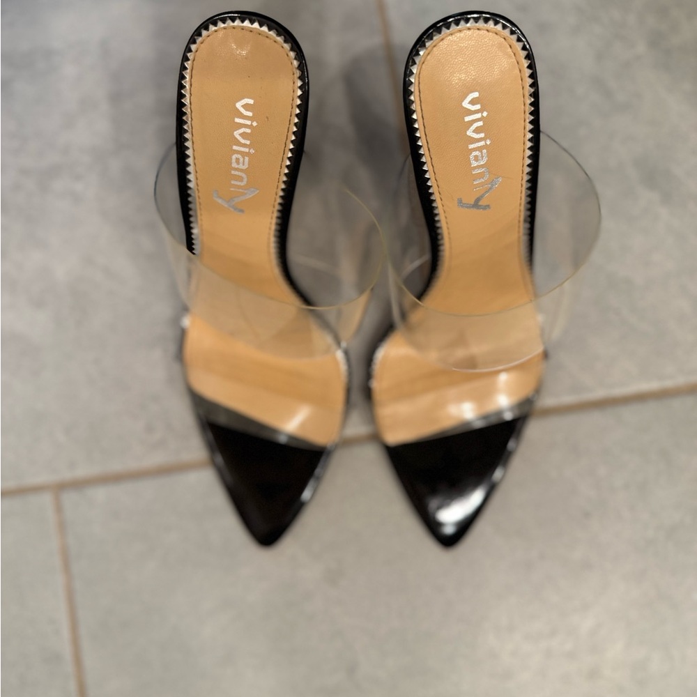 Black Patent Leather Heels with Clear Strap